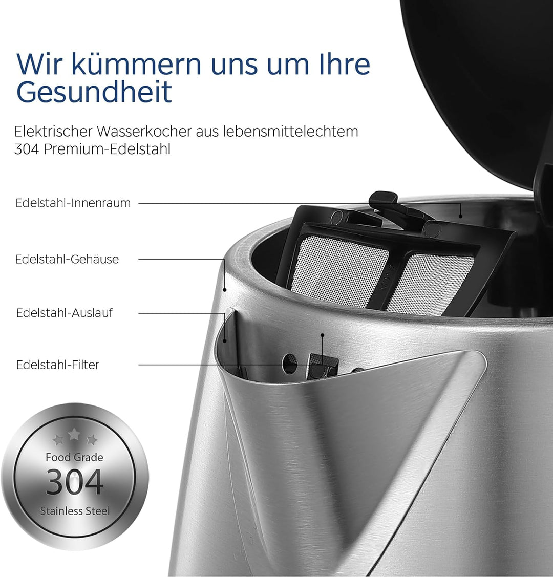 Midea Wasserkocher Edelstahl 1.7L, BPA-freier Wasserkocher, 2200W Schnellkochfunktion, Kettle mit Wa