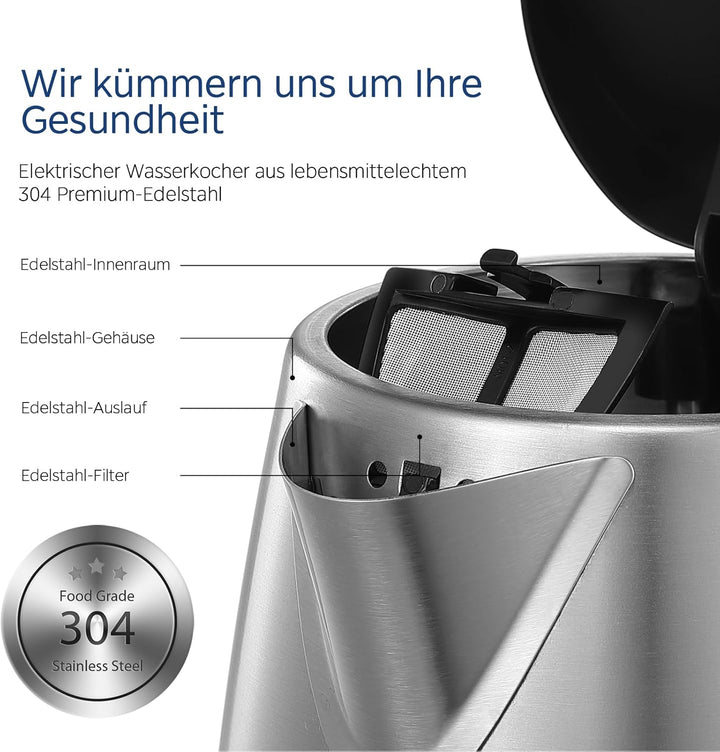 Midea Wasserkocher Edelstahl 1.7L, BPA-freier Wasserkocher, 2200W Schnellkochfunktion, Kettle mit Wa