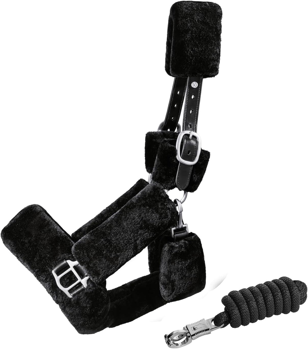 SUNRIDE Fellhalfter für Pferde (Dover) mit Strick - aus Echtleder - verstellbar (Cob, schwarz) Cob s