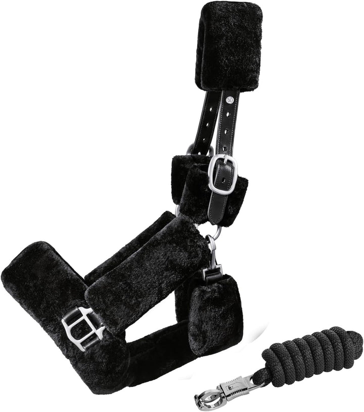 SUNRIDE Fellhalfter für Pferde (Dover) mit Strick - aus Echtleder - verstellbar (Cob, schwarz) Cob s