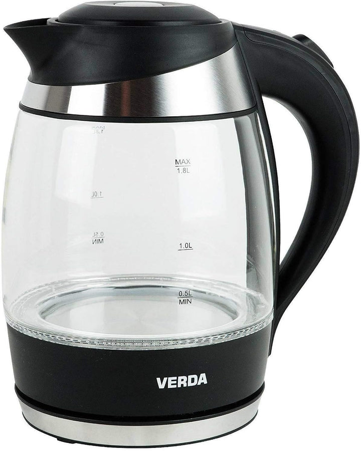 Verda Wasserkocher 1,8L 2200W Edelstahl LED Beleuchtung Kabelloss Glas Kalkfilter, Glas, 360°, 100%