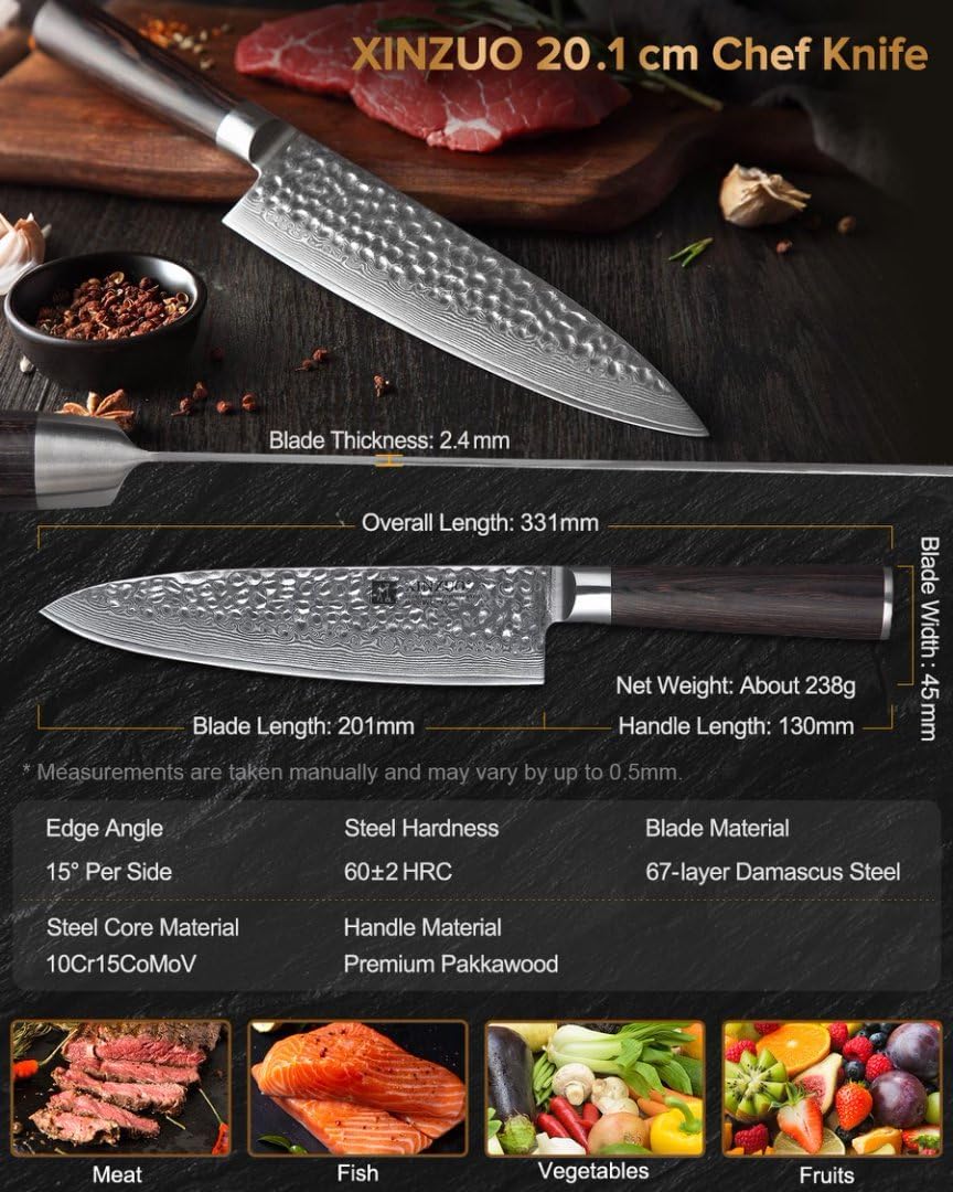 XINZUO 20.1cm Kochmesser,Scharf Profi Damaststahl Gyuto Multifunktions Chefmesser Küchenmesser mit E