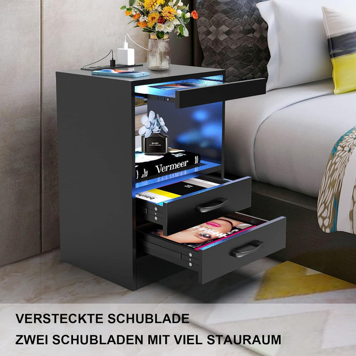 Lvhecforhm Nachttisch, Nachttisch mit Steckdosen und USB-Anschlüsse, Nachttisch mit LED Licht 16Farb
