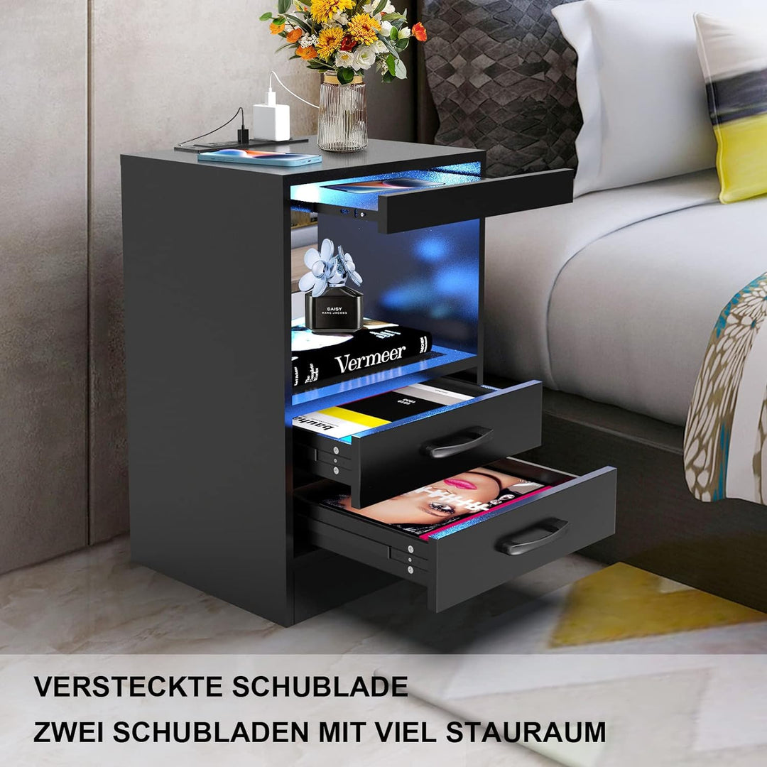 Lvhecforhm Nachttisch, Nachttisch mit Steckdosen und USB-Anschlüsse, Nachttisch mit LED Licht 16Farb