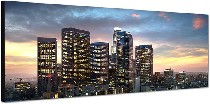 Paul Sinus Art Panoramabild auf Leinwand und Keilrahmen 150x50cm Los Angeles Wolkenkratzer Sonnenunt