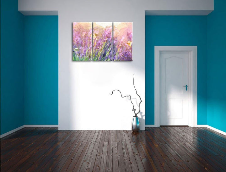 Pixxprint Schmetterlinge auf Lavendelblumen als Leinwandbild/Grösse: 3 Teilig (120x80 cm) cm/Wandbil