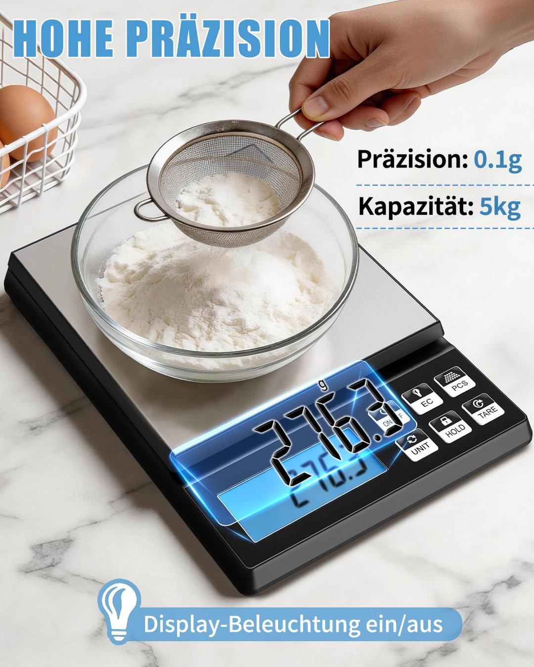 MRUN BONE Digitale Küchenwaage 5kg/0,1g – Hochpräzise Bäckereiwaage mit Zählfunktion &amp; Tara, Edelsta