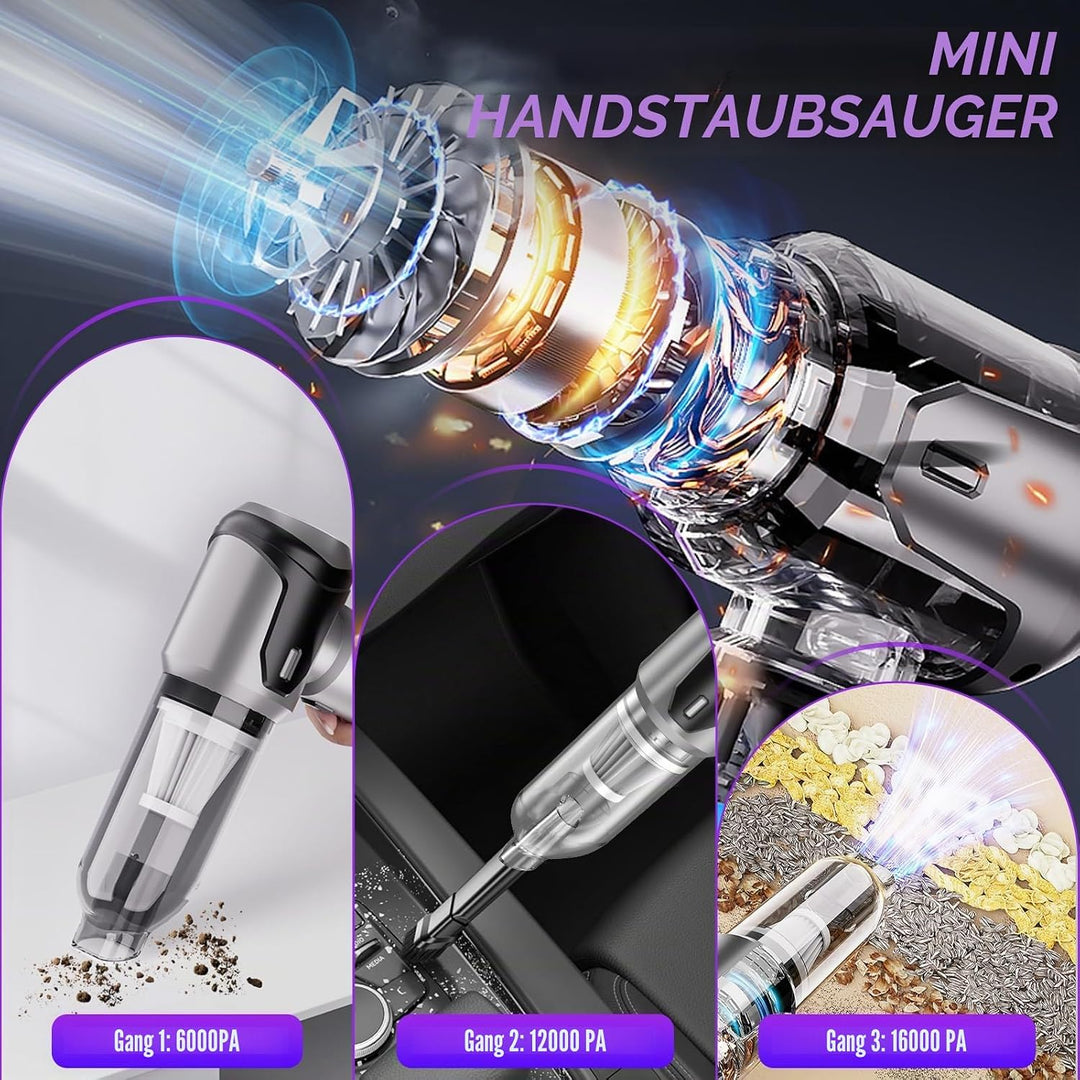 Handstaubsauger, 16000 PA, leistungsstarker Mini-Auto-Staubsauger, 6000 mAh, wiederaufladbar, kabell