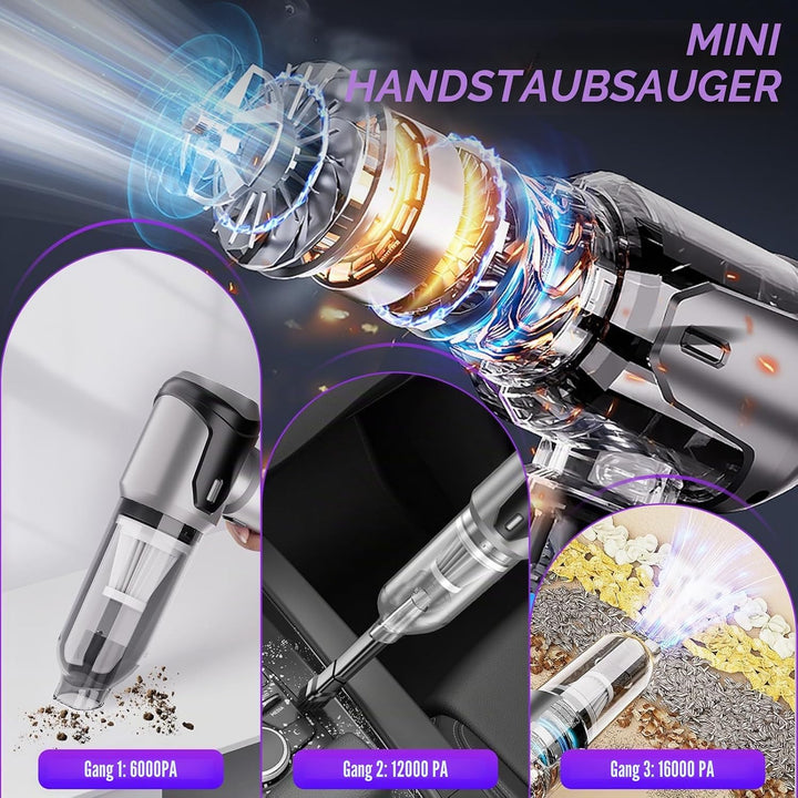 Handstaubsauger, 16000 PA, leistungsstarker Mini-Auto-Staubsauger, 6000 mAh, wiederaufladbar, kabell