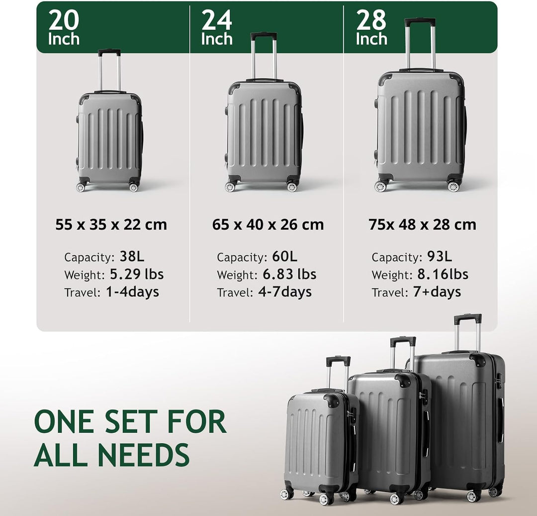 LEADZM Koffer Set 3 Teilig, Reisekoffer Set, Kofferset mit 4 Rollen und Zahlenschloss, Handgepäck Ko