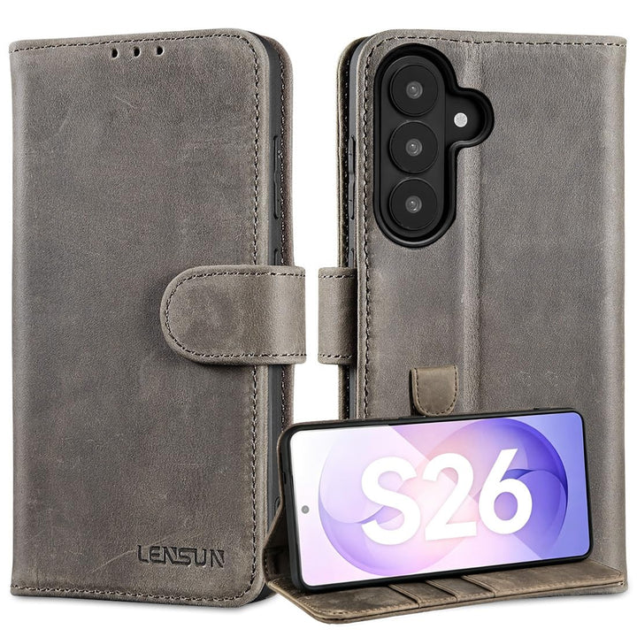 LENSUN Handyhülle für Samsung Galaxy S26 Echtleder, Hülle [Kartenfach][Standfunktion][RFID Schutz] F