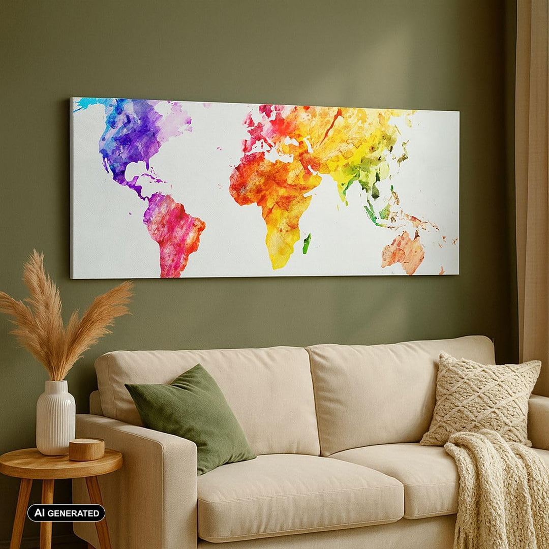 Wandbilder Dekoration Wohnzimmer Welt Karte Bunt Kontinente Panorama Bilder auf Leinwand 120x50cm Le