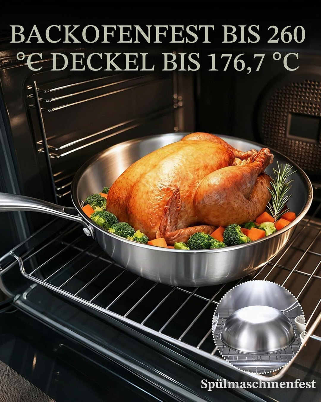Inqibee Wokpfanne Edelstahl 30 cm mit Deckel, Unbeschichtete Wok Pfanne für Induktion &amp; Gasherd, Ede