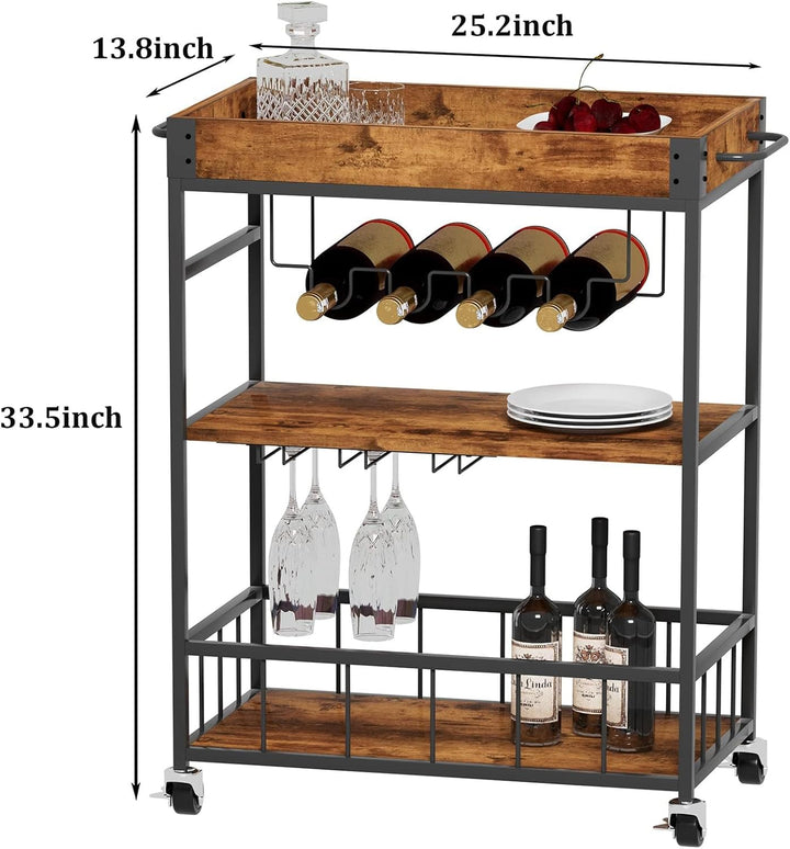 Servierwagen, Küchenwagen, Barwagen mit Rollen, Weinwagen mit Flaschenhalter, 3 Etagen, Getränkewage