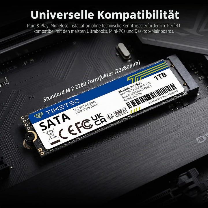 Timetec 1TB SSD 3D NAND TLC SATA III 6 Gb/s M.2 2280 NGFF 512 TBW Lesegeschwindigkeit Bis zu 530 MB/