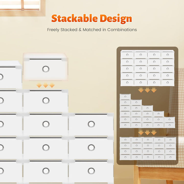 Schuhbox, 20 Stück, Aufbewahrungsbox für Schuhe, transparent, stapelbar, zum Aufbewahren aller Arten