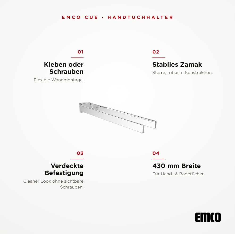 EMCO Cue Handtuchhalter zweiarmig zur Wandmontage, starre Handtuchstange aus Metall, hochwertiger Ba