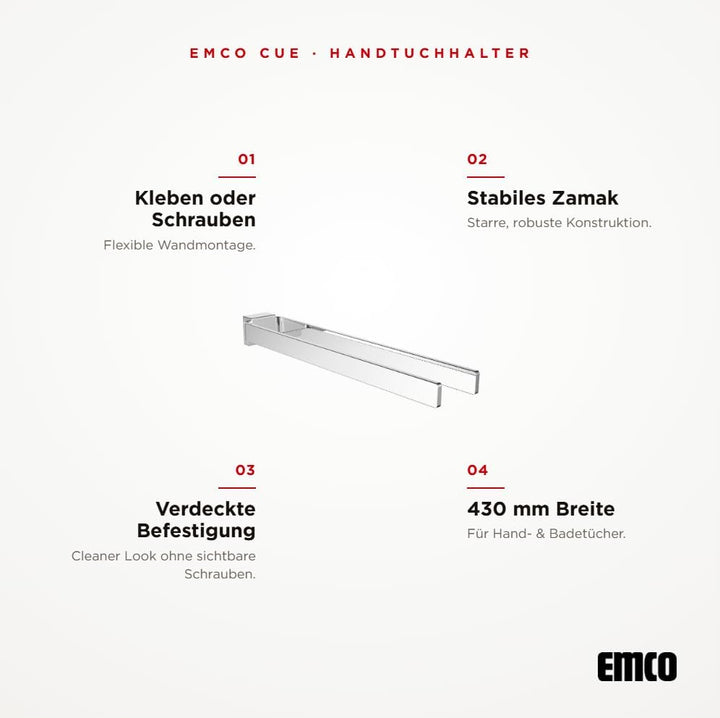 EMCO Cue Handtuchhalter zweiarmig zur Wandmontage, starre Handtuchstange aus Metall, hochwertiger Ba