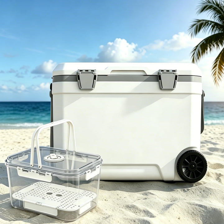 WISD 45L Kühlbox mit Rollen und Griff – Grosse Camping Kühlbox mit Metallverschlüssen & Ablaufstopfe