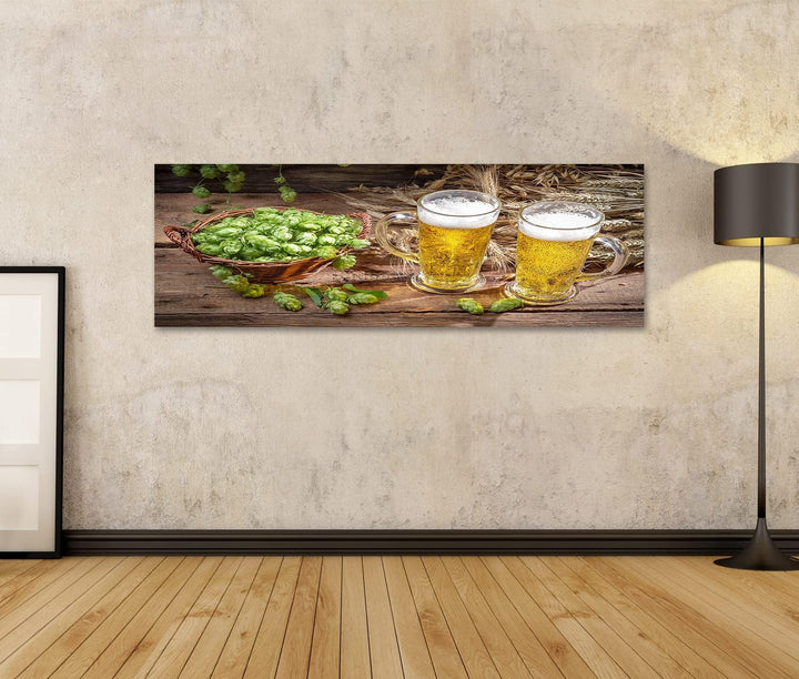 bilderfelix® Kaltes Bier umgeben von Hopfenkegeln Wandbild Leinwandbild Poster DGR 120x40 Panorama,