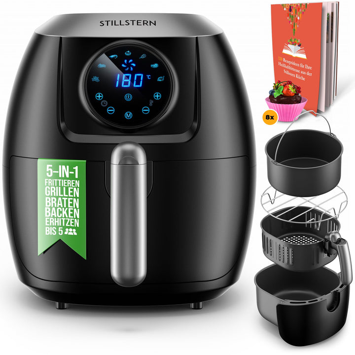 Stillstern Heissluftfritteuse 5L [1800W] mit 7 Programmen (Backen, Pommes, Chicken, Steak UVM.), 120