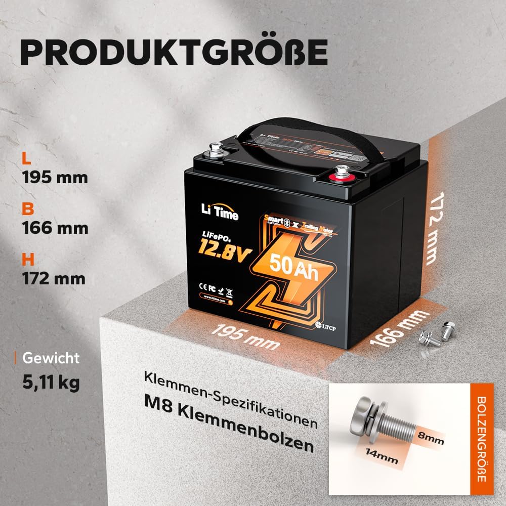 LiTime 12V 50Ah LiFePO4 Batterie Bluetooth für Trolling Motoren, mit 50A BMS Low-Temp Protection, Ma
