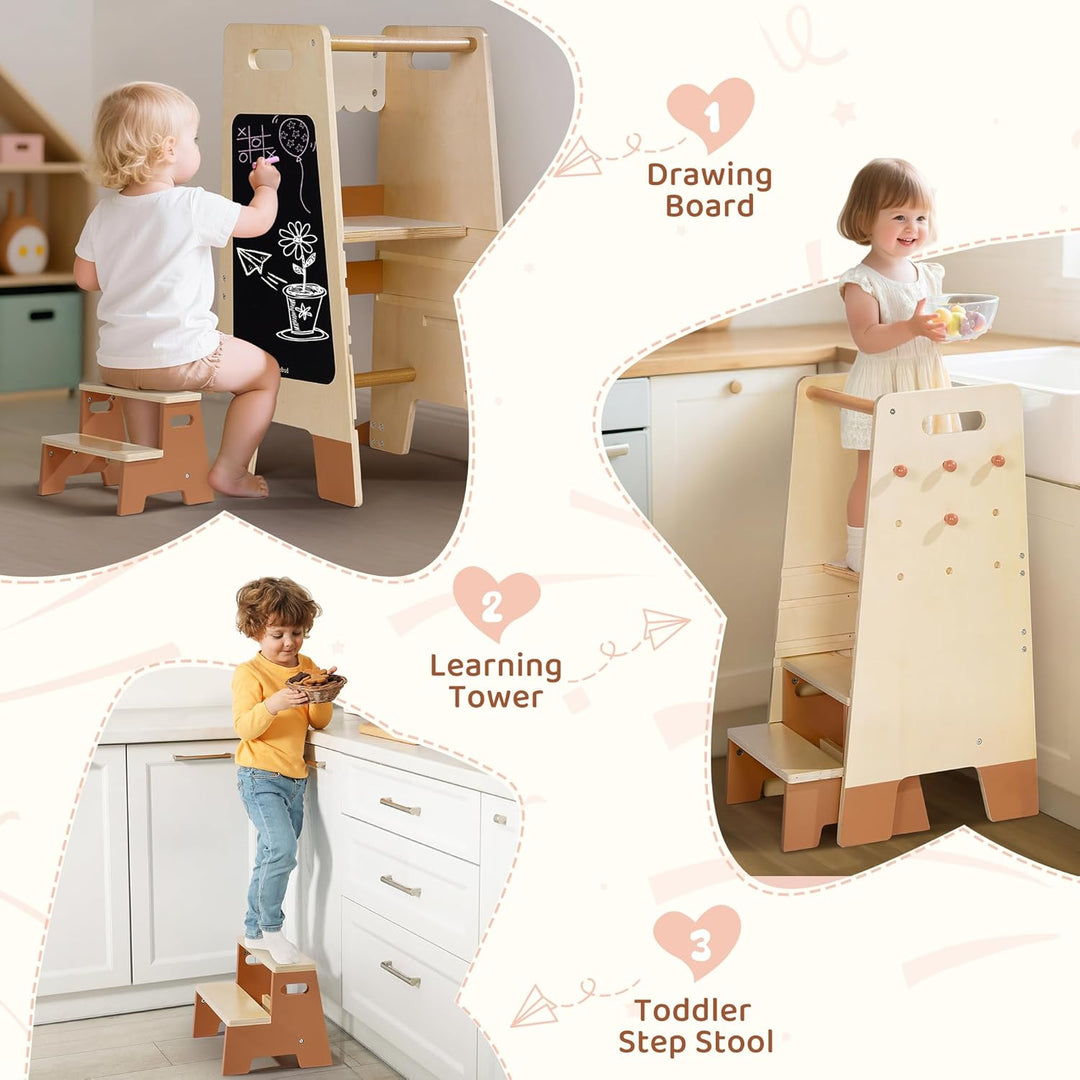 ROBUD Lernturm für Kleinkinder mit abnehmbarem Tritthocker, 2-in-1 Lernturm aus Holz mit Tafel, 3-fa