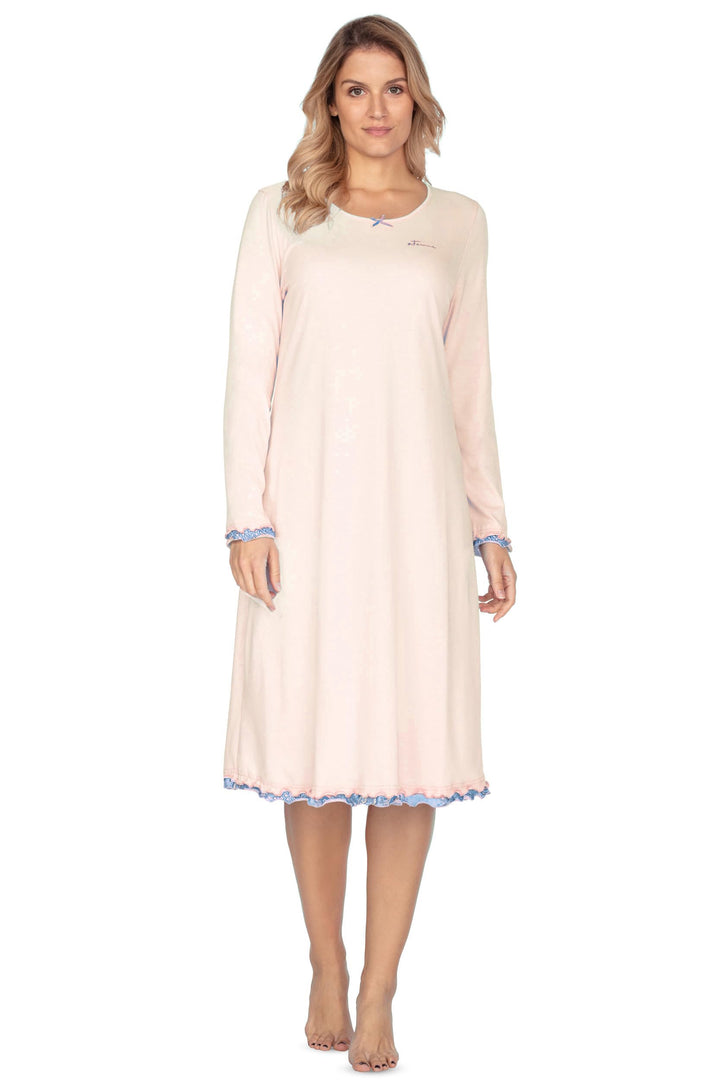 e.FEMME Damen Nachthemd Marion 333, Langarm, aus 50% Baumwolle und 50% Modal Lachs- Druck 46, Lachs-