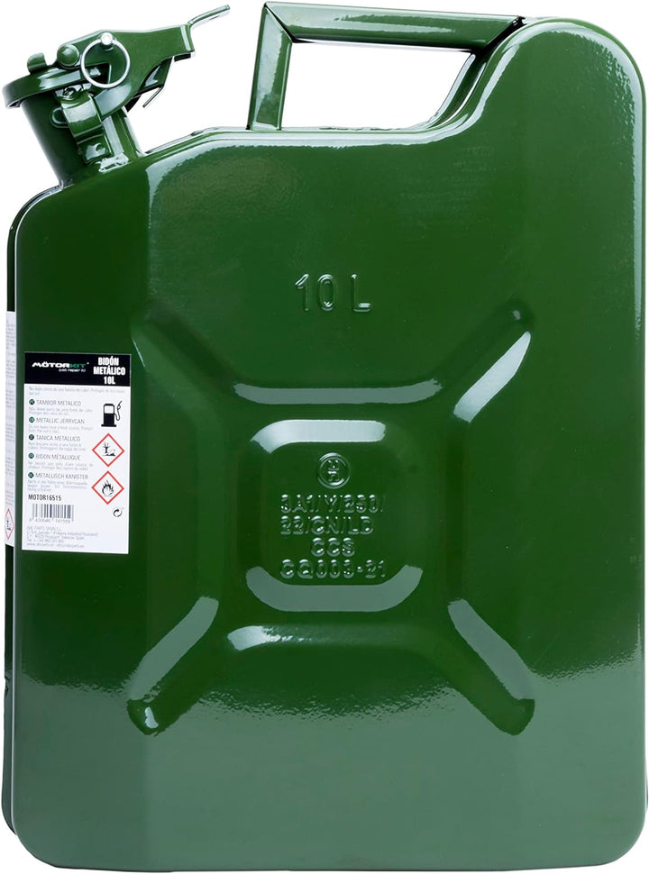 Motorkit 10 Liter Kraftstoffkanister aus Metall mit Bajonettverschluss. Benzinkanister Farbe Olivgrü