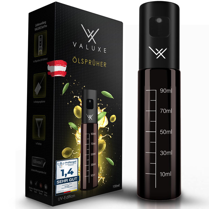 VALUXE® Ölsprüher für Speiseöl und Essig mit UV-Schutz Glas & Sprühfilter - Edelstahl Öl-Sprühflasch