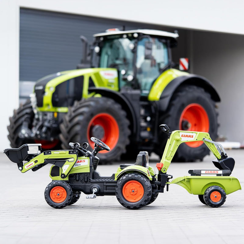 Falk – 2040N – Outdoor-Spielzeug – Baggerlader Claas Arion 410 + Anhänger + Baggerschaufel