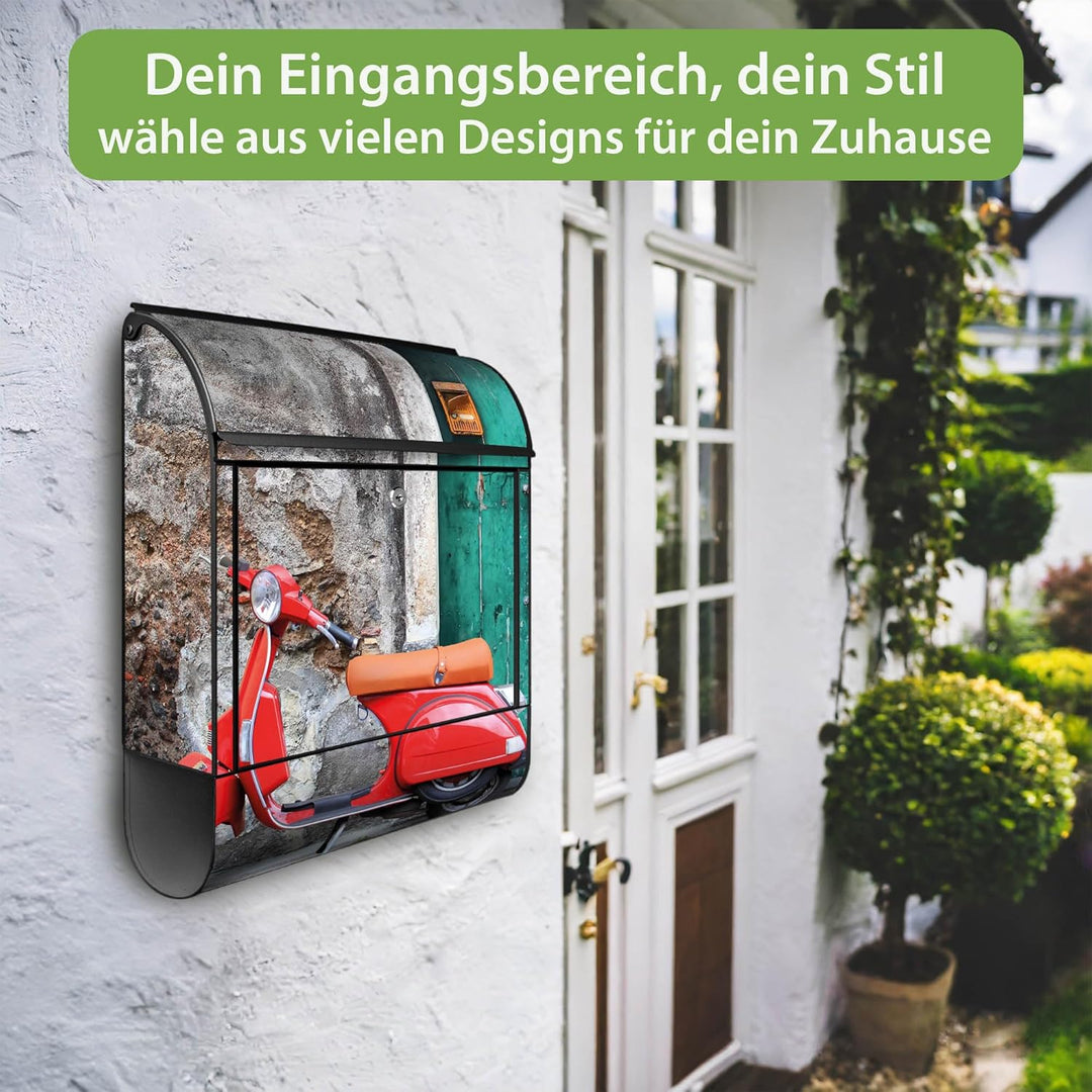 banjado® Design Briefkasten mit Motiv Italienischer Roller 39x47x14cm & 2 Schlüssel - Briefkasten St