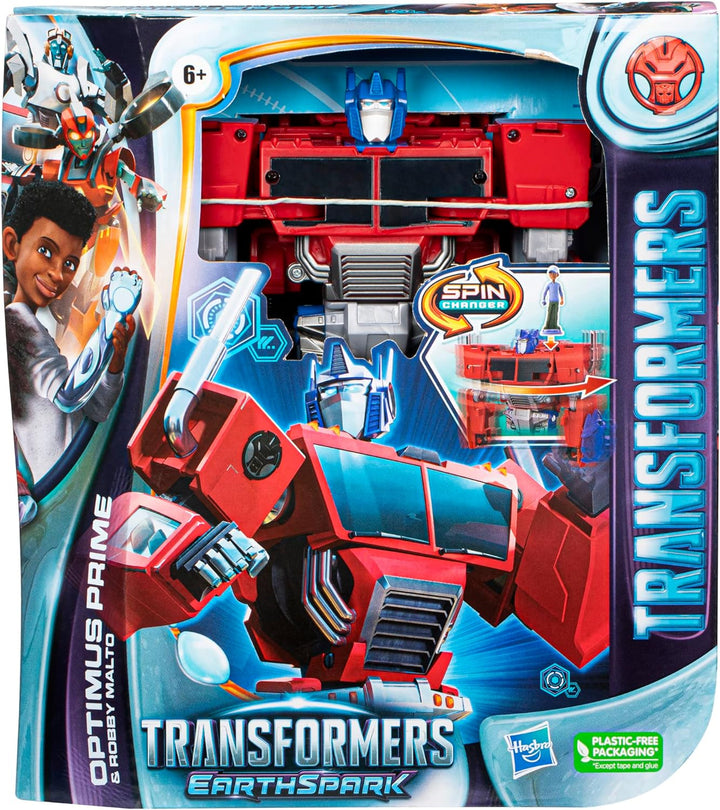 Transformers Spielzeug EarthSpark Spin Changer Optimus Prime Action-Figur (20 cm) mit Robby Malto Fi