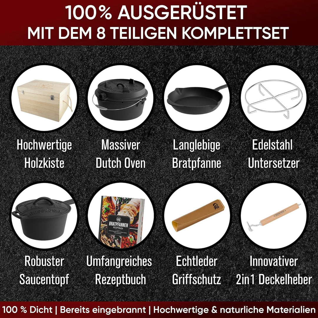 GUSSKÖNIG Dutch Oven Set 8-teilig - bereits eingebranntes Gusseisen Topf Set - Bratpfanne, Grill Top