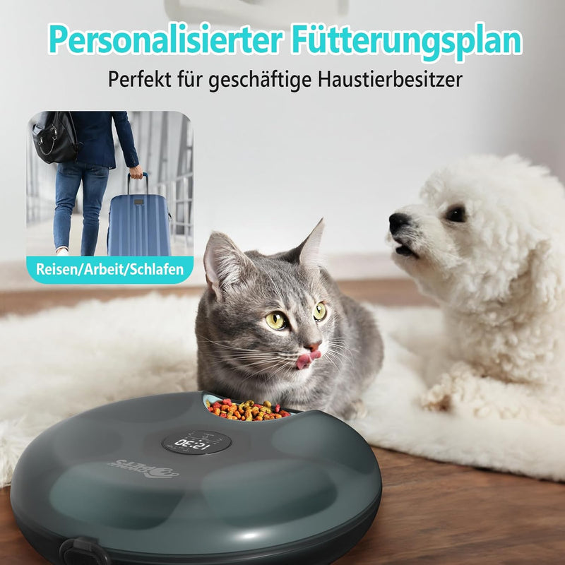 Ownpets 6 Mahlzeiten Automatischer Katzenfutterautomat für Nass-/Trockenfutter, mit 2 Kühlakkus, pro