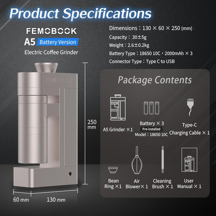 Elektrische Kaffeemühle A5 Black Für Pour-Over & Espresso – Wiederaufladbar, Kabellos, Tragbar, Für