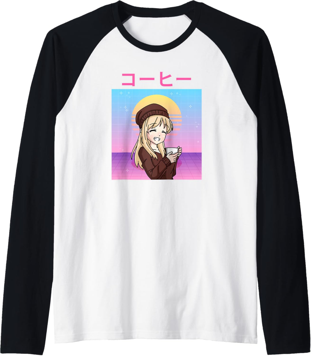 Retro 90er Japanisch Kawaii Anime Mädchen Kaffee Raglan
