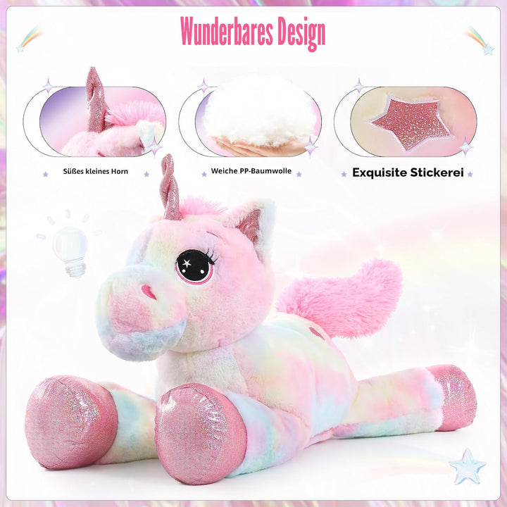 MorisMos Grosser Einhorn Riesen Einhorn Plüschtier XXL Stofftier Kuscheltiere gross 80cm Rosa Einhor