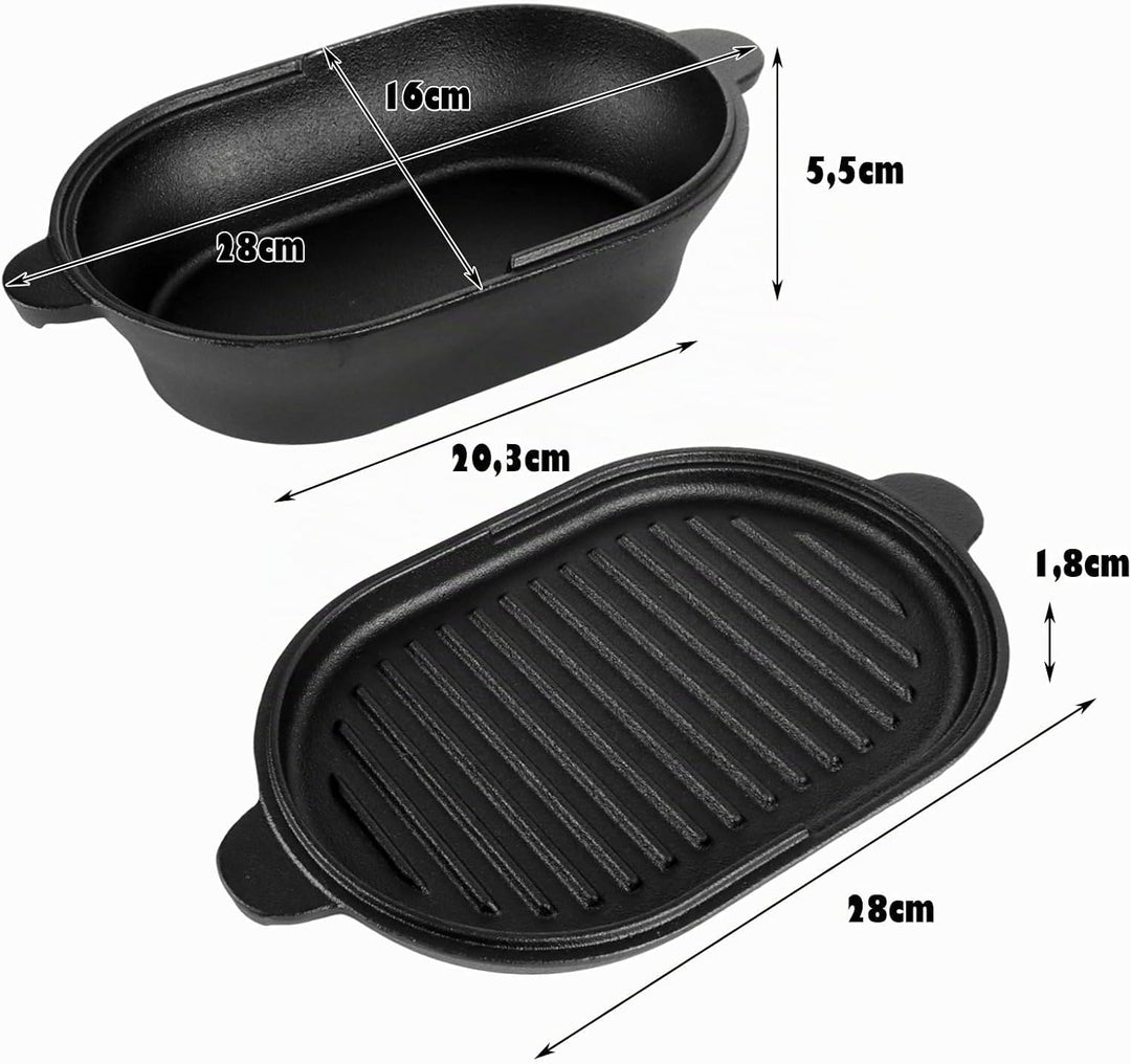 2 in 1 Gusseisen Topf Dutch Oven 2L Mit Doppelter Zweck Grillpfannendeckel, Ovale 28 cm Grosse Gusse