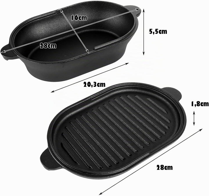 2 in 1 Gusseisen Topf Dutch Oven 2L Mit Doppelter Zweck Grillpfannendeckel, Ovale 28 cm Grosse Gusse