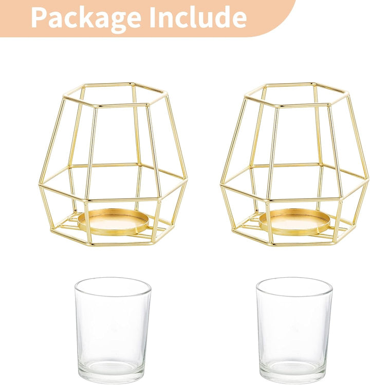 Nuptio Geometrische Teelichthalter Gold - 2 Stück Kerzenhalter für Stumpenkerzen mit Votivglas Kerze