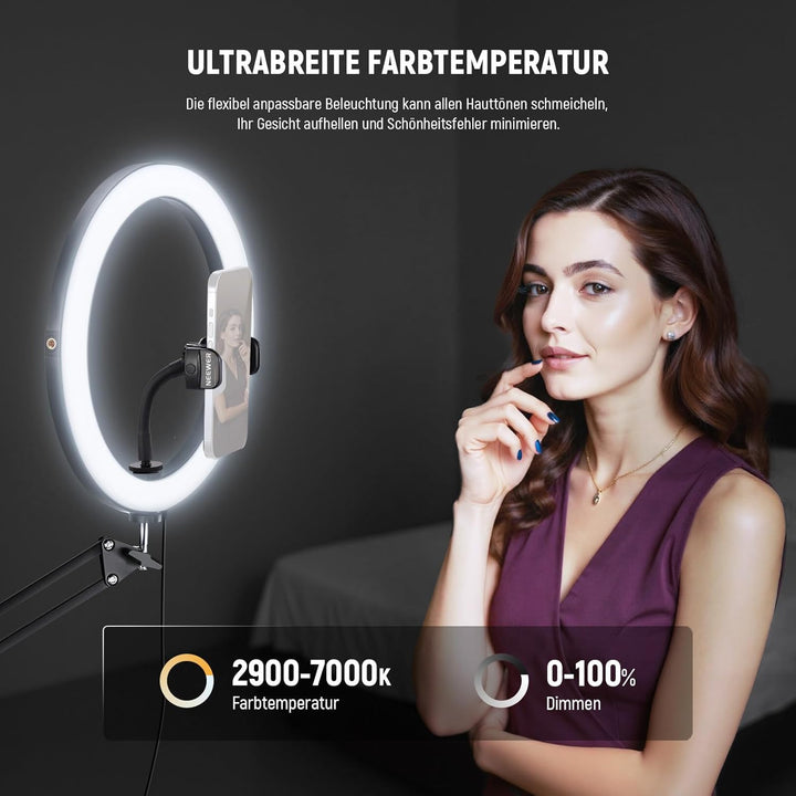 NEEWER RH12 12" 24W Hochleistungs LED Ringlicht Kompatibel mit iPhone 60" Überkopf Faltstativ mit Ha