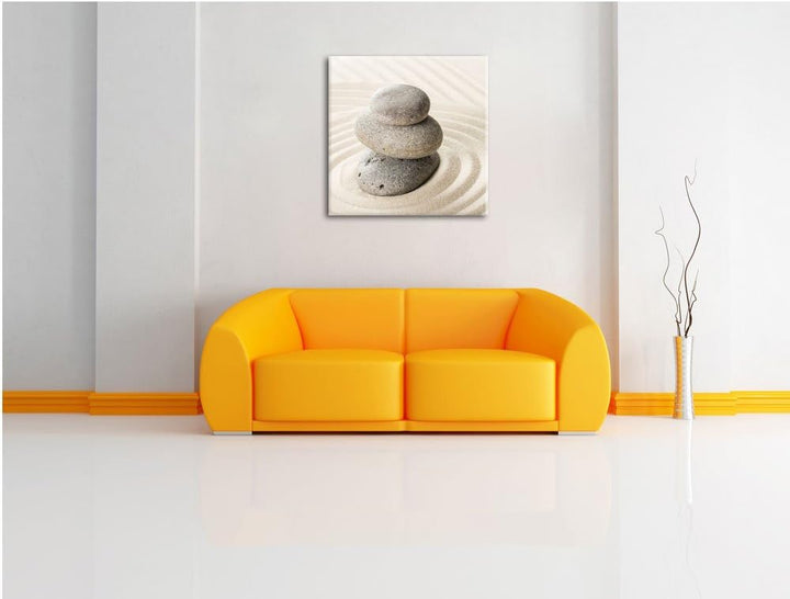 Steine in Sand mit Muster, Format: 70x70 auf Leinwand, XXL riesige Bilder fertig gerahmt mit Keilrah