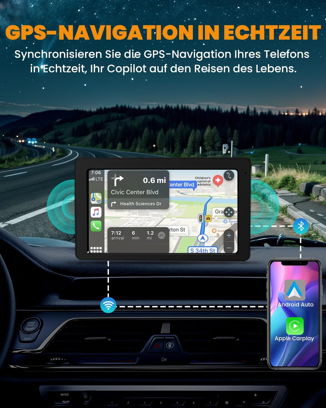 Carplay Display, 7" Apple Carplay, Android Auto Display mit GPS Navigation, Freisprecheinrichtung, B