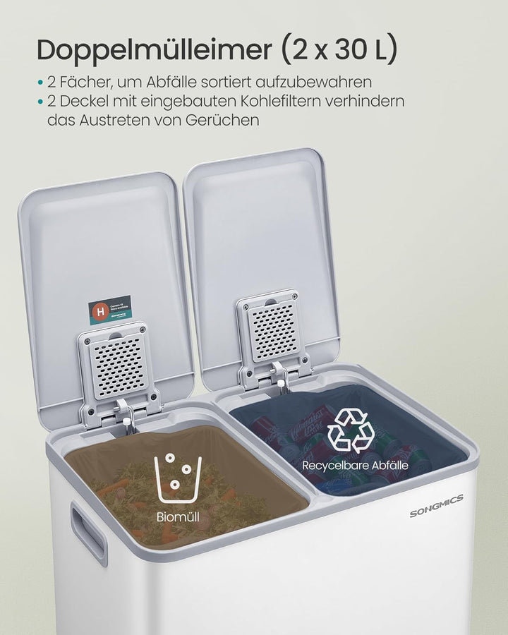 SONGMICS Mülleimer Küche, 2 x 30 Liter, 2 Fächer, Abfalleimer, Tretmülleimer, Küchenmülleimer mit So