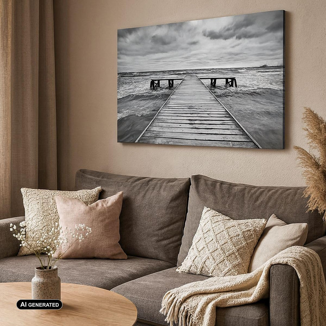 Bilder auf Leinwand 100x70cm Leinwandbild mit Rahmen Brücke Meer Welle Gross Wanddeko Bild Schlafzim