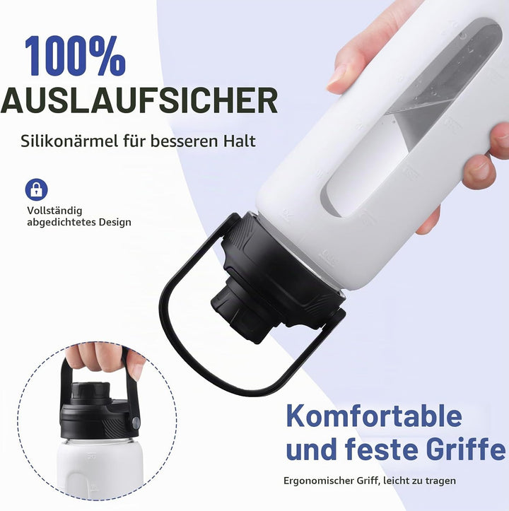 BLUEGO 600ml Glaswasserflasche mit Strohhalm und 2 Deckeln Kaffeetasse aus Glas mit Zeitmarkierung u