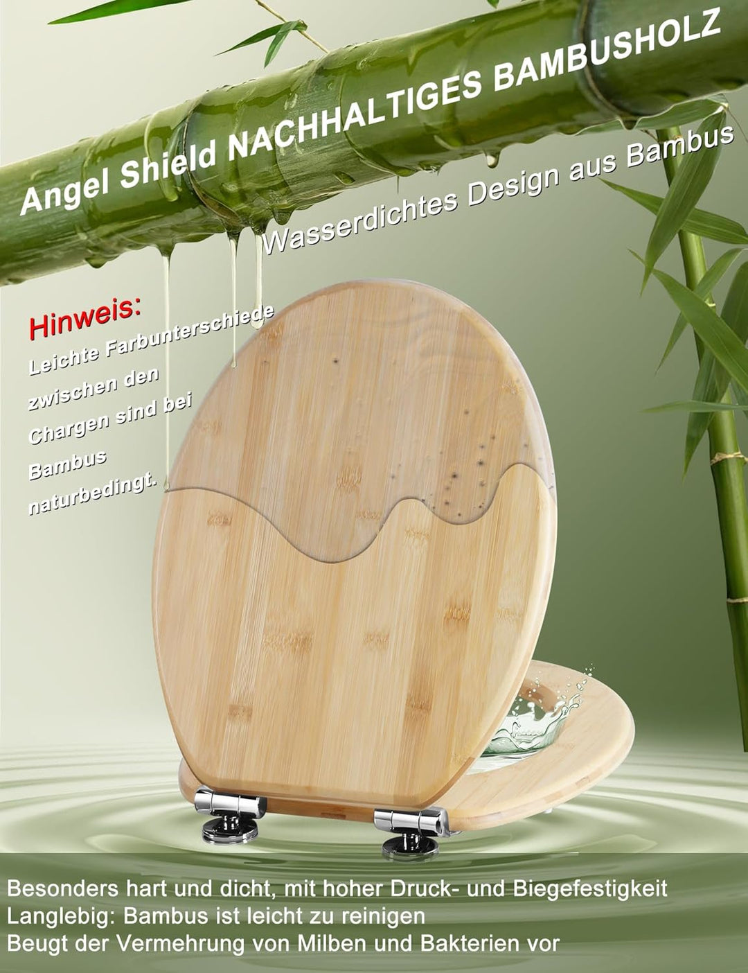 Angel Shield WC-Sitz aus Bambus, mit Absenkautomatik, Oval, mit Schnellverschluss, verstellbare Scha