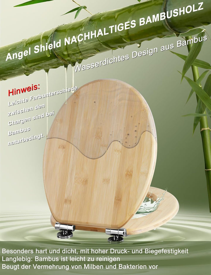 Angel Shield WC-Sitz aus Bambus, mit Absenkautomatik, Oval, mit Schnellverschluss, verstellbare Scha