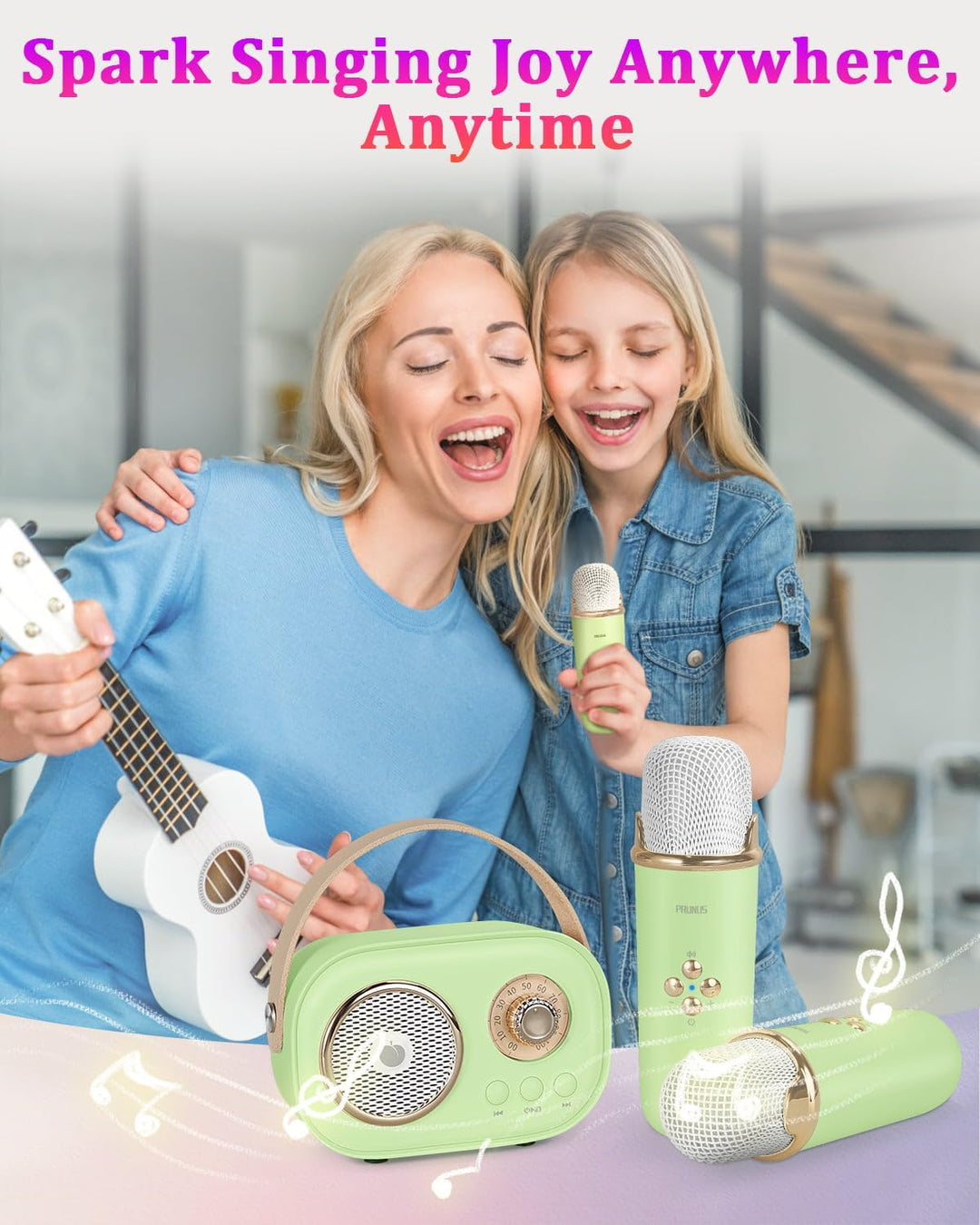 PRUNUS Karaoke Maschine Kinder mit 2 Mikrofonen, Mini Karaoke Set mit Stereosound und Heavy Bass für